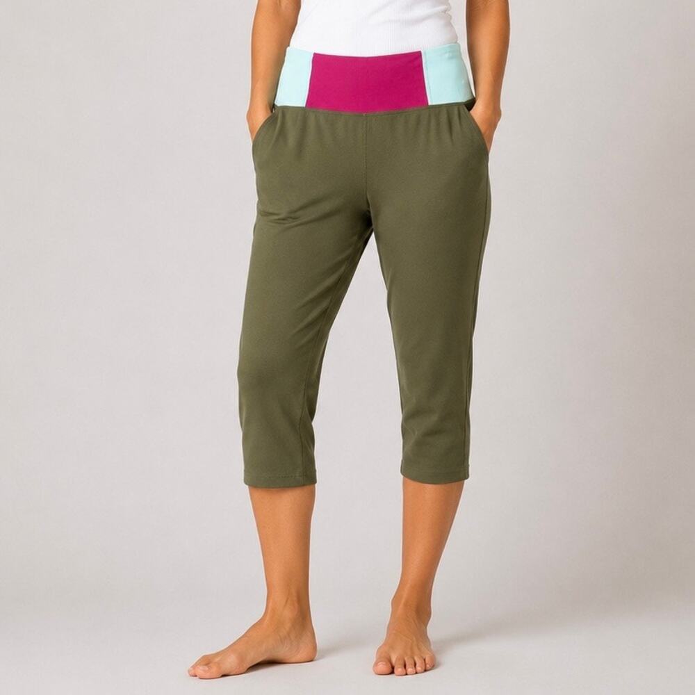 PRANA | Colorblock Cropped Yoga Capri Leggings Olive Pink Blue Stretch | Large